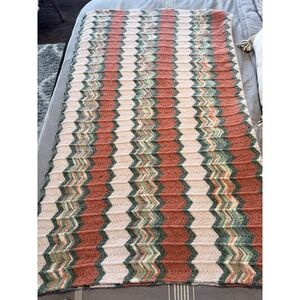 Handmade 67x55‎ Crochet Chevron Throw Blanket Afghan Fall Orange cream Green VTG